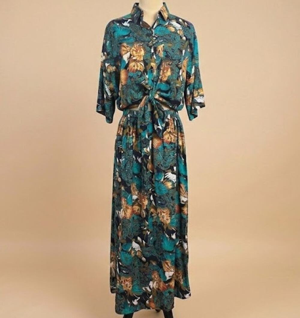 VTG 80s Natalie Green Tropical Floral Pleated Skirt Set Top M L USA Hawaiian